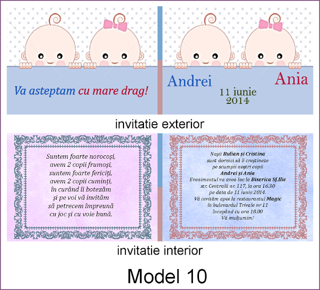 invitatii botez fara foto gemeni carte postala dubla