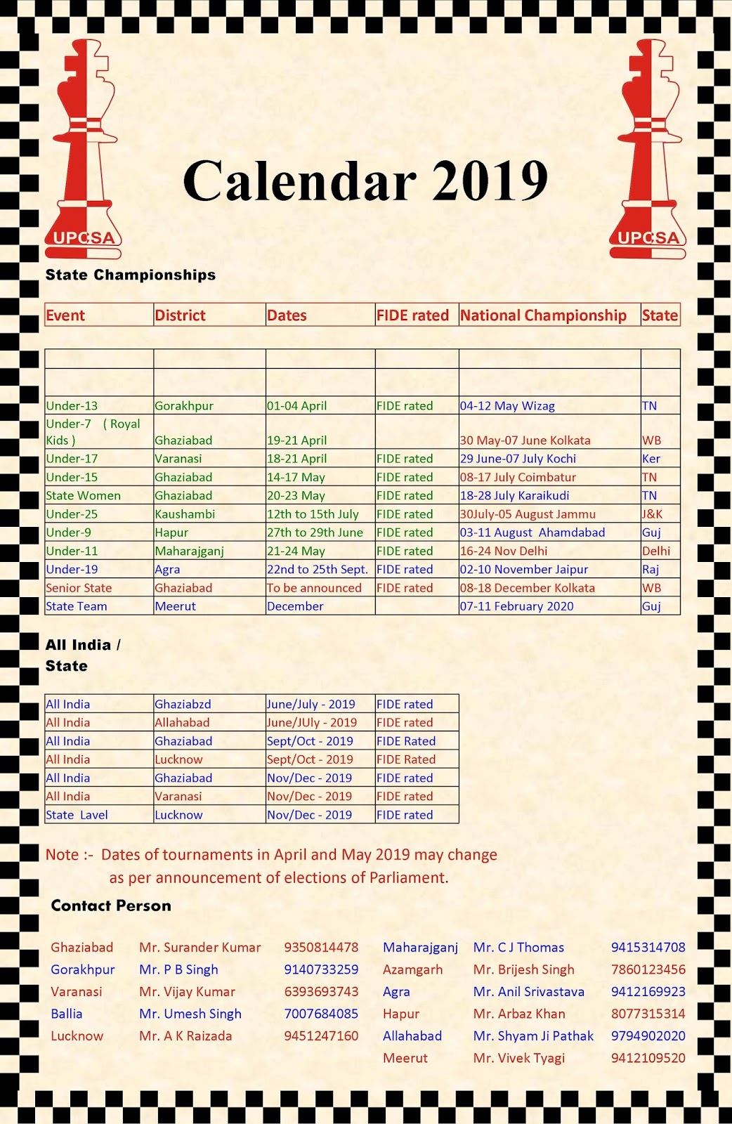 UP Chess Sports Association State Tournament Calendar