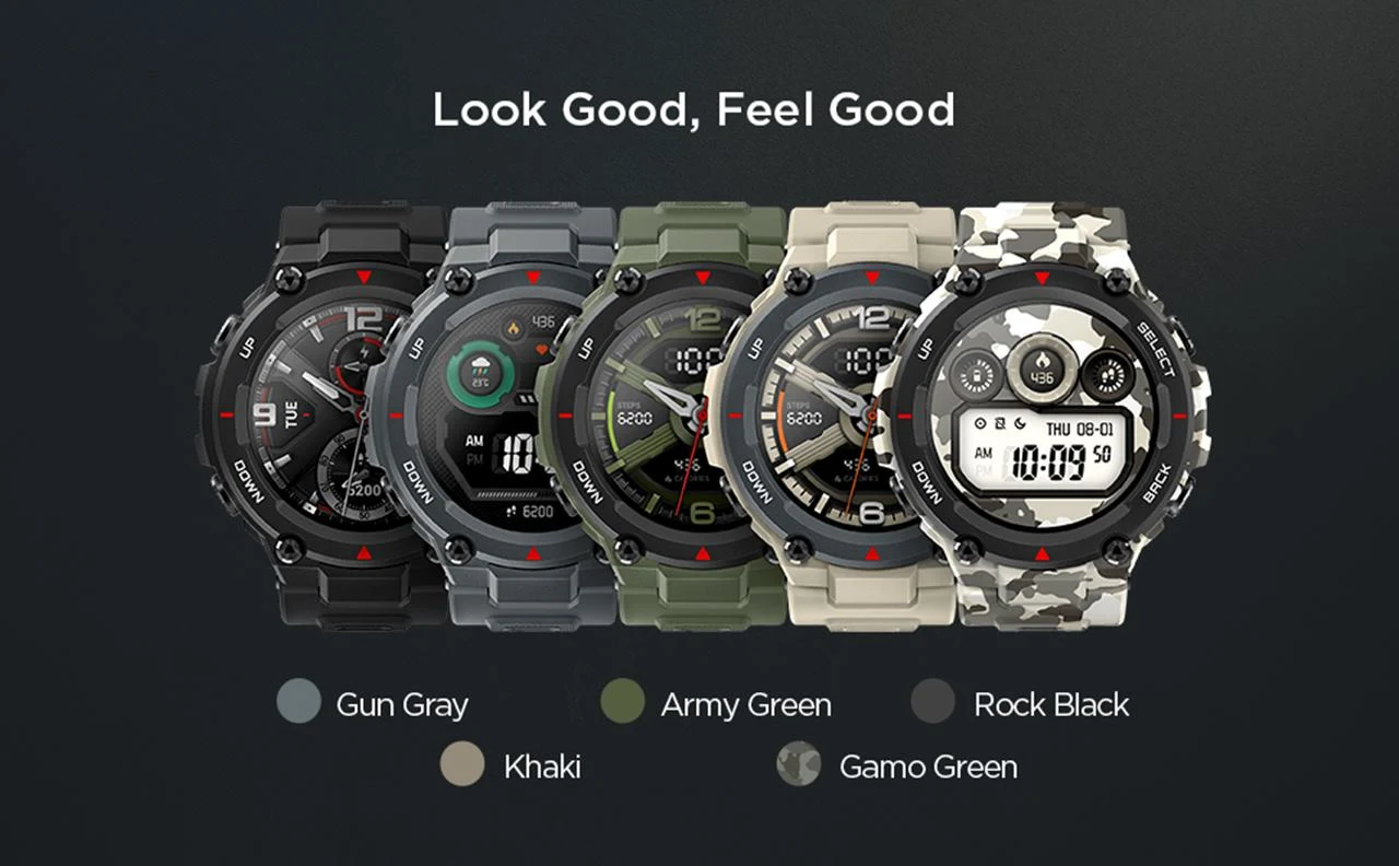 Amazfit T-Rex in Rock Black, Army Green, Camo Green and Khaki colors