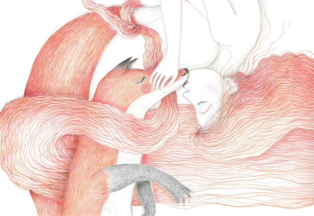 l'amour dans la forêt printanière  armastus metsas Aide Leit-Lepmets illustratsioon joonistus värvilised pliiatsid red hair kiss kissing fox pu songling