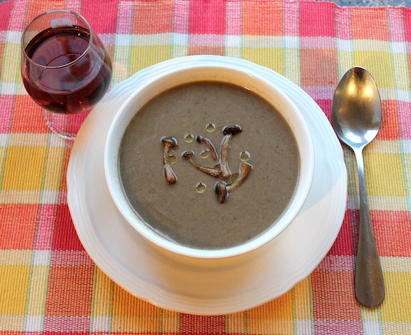 Food Lust People Love: This wild mushroom soup, topped with beautiful pan-fried brown beech mushrooms and a drizzle of truffle oil is based on Anthony Bourdain's Les Halles recipe. It's rich and comforting, a great bowl for a cold night or a light lunch. 