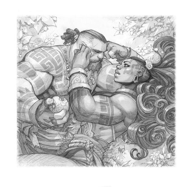 Joe Madureira pencil drawing of Ruined King: A League of Legends story characters Gangplank and Illoai