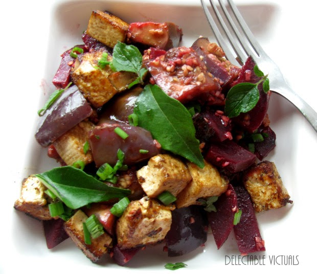 Delectable Victuals Eggplant, Beetroot and Tofu with Curry Leaves and