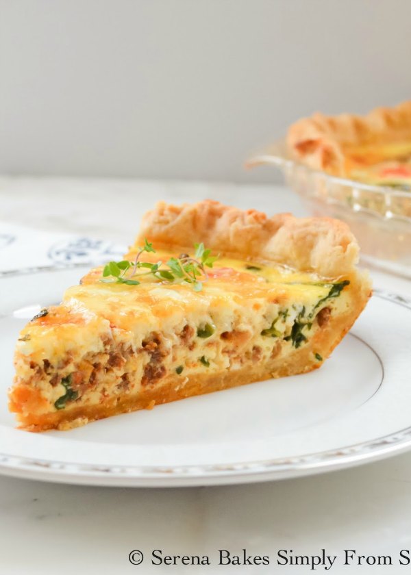 Fontina Chorizo Spinach Quiche is a favorite quiche recipe. Great for Breakfast or brunch from Serena Bakes Simply From Scratch.