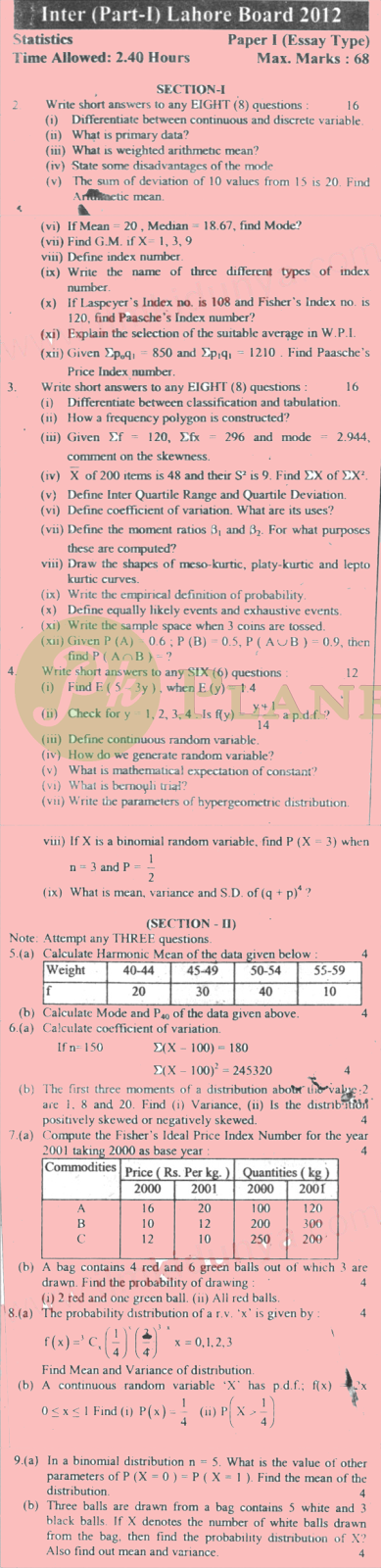 Past Papers of Statistics Inter part 1 Lahore Board 2012