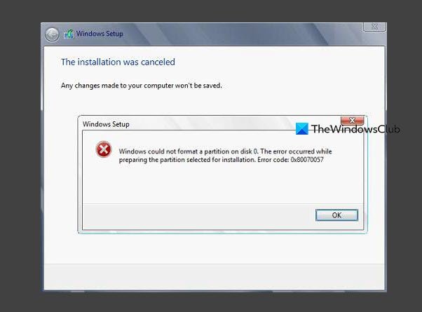 Windows no pudo formatear una partición en el disco - Error 0x80070057