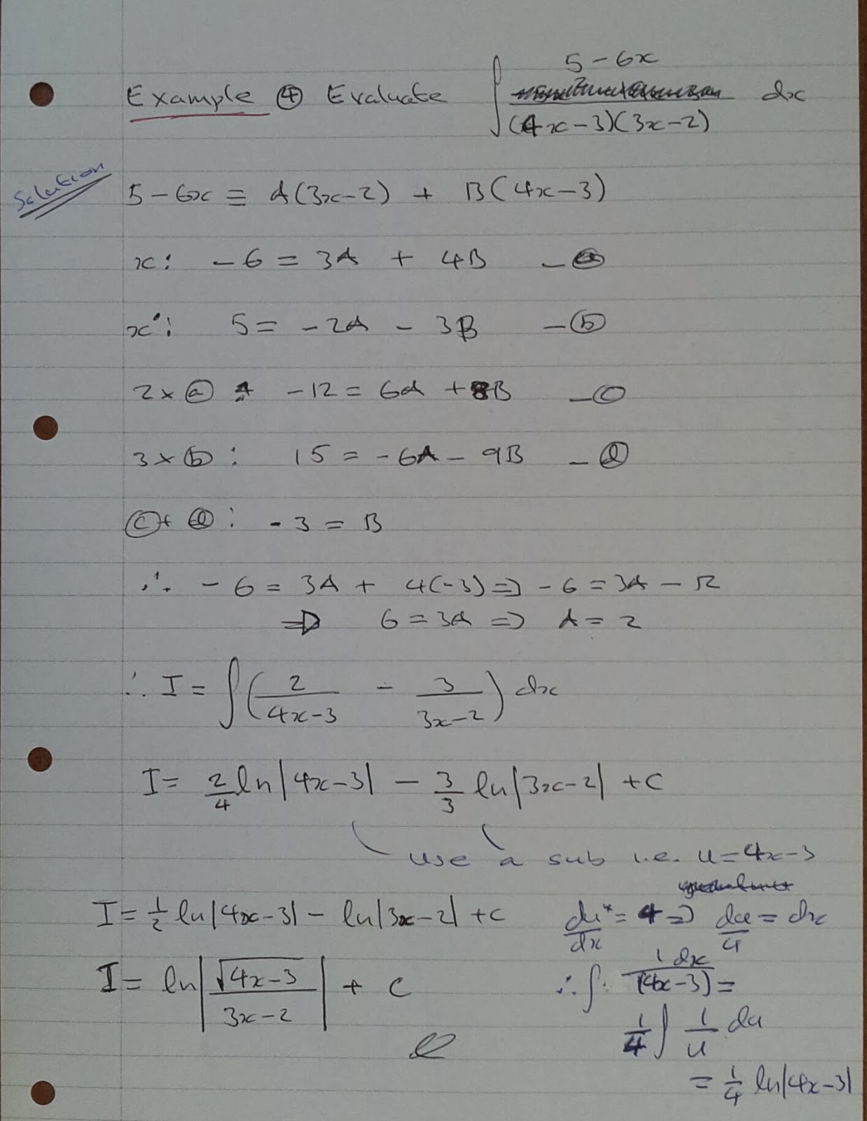 A Level Maths Notes: A2 Integration II: Partial Fractions Part 2