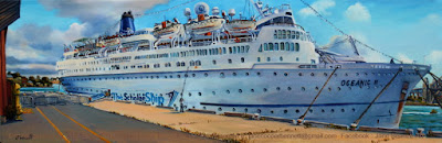 Plein air oil painting of the cruise ship 'Scholarship' at the East Darling Harbour Wharves painted by marine artist Jane Bennett