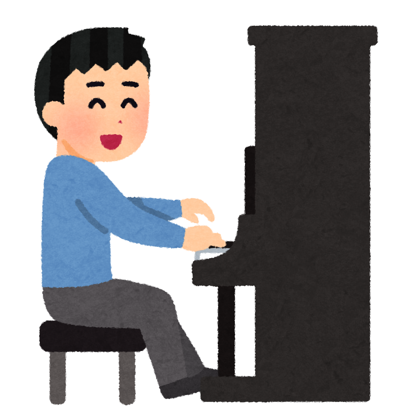 無料イラスト かわいいフリー素材集: アップライトピアノを弾く人のイラスト（男性）