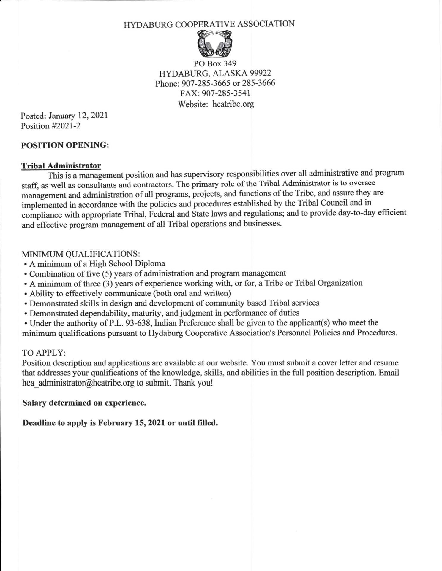 [Job Posting] Hydaburg Cooperative Association Tribal Administrator P