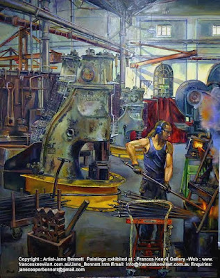 Plein air oil painting of blacksmith in the Eveleigh Railway Workshops painted by industrial heritage artist Jane Bennett