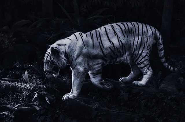 Tiger at night. This is not real because there are no white tigers in the wild