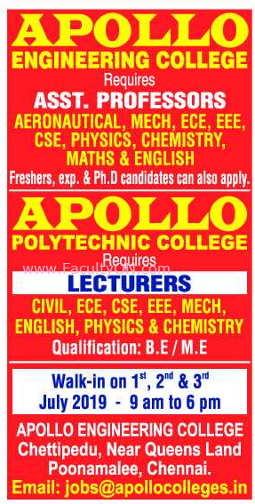 Apollo Polytechnic College Chennai Lecturers Job Vacancy June 2019 Faculty Teachers