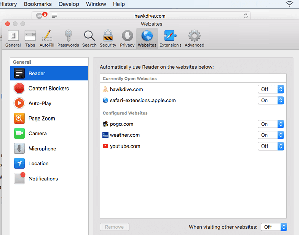 Per Website settings with new Safari in macOS High Sierra