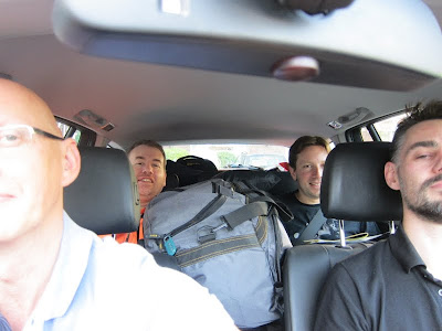 Simon, Rob and Paul cram in the car for the return trip