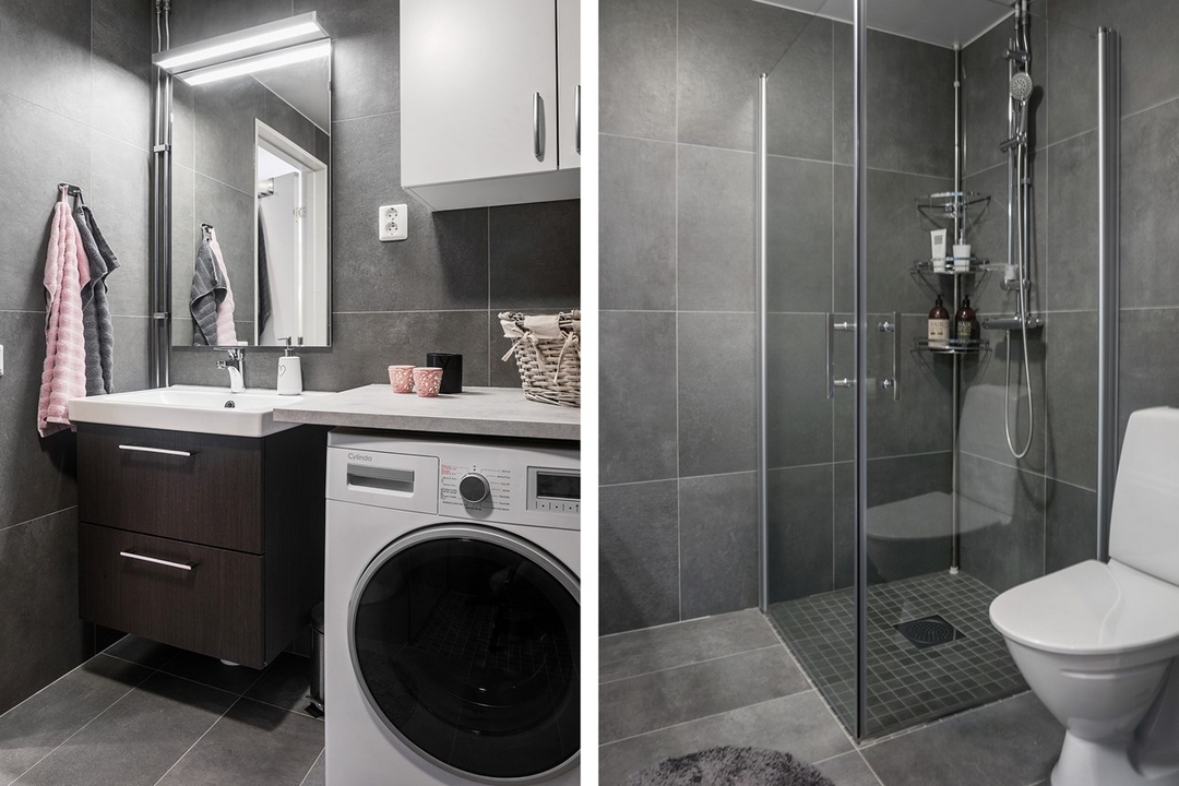 Two kinds of wallpaper and a classic grey shaker kitchen