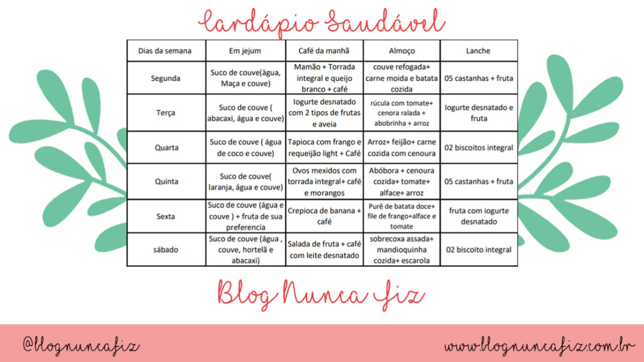 Cardápio Saudável pronto para imprimir! Blog Nunca Fiz