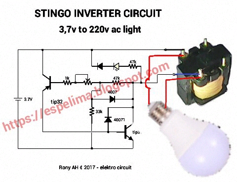 Elektro Circuit Stingo light inverter 3 7v to 220v AC led 