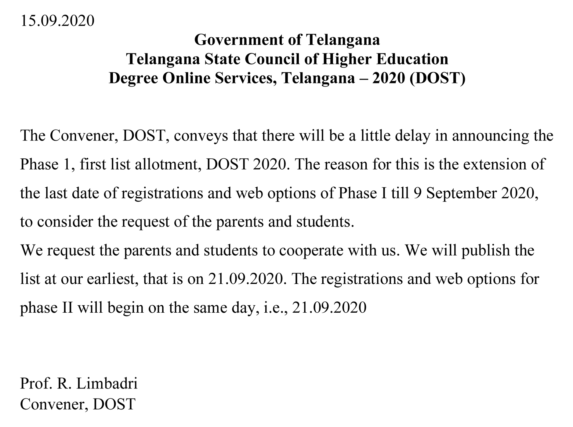 DOST Phase 1 Last Date Registration & Web Option Extended Notification
