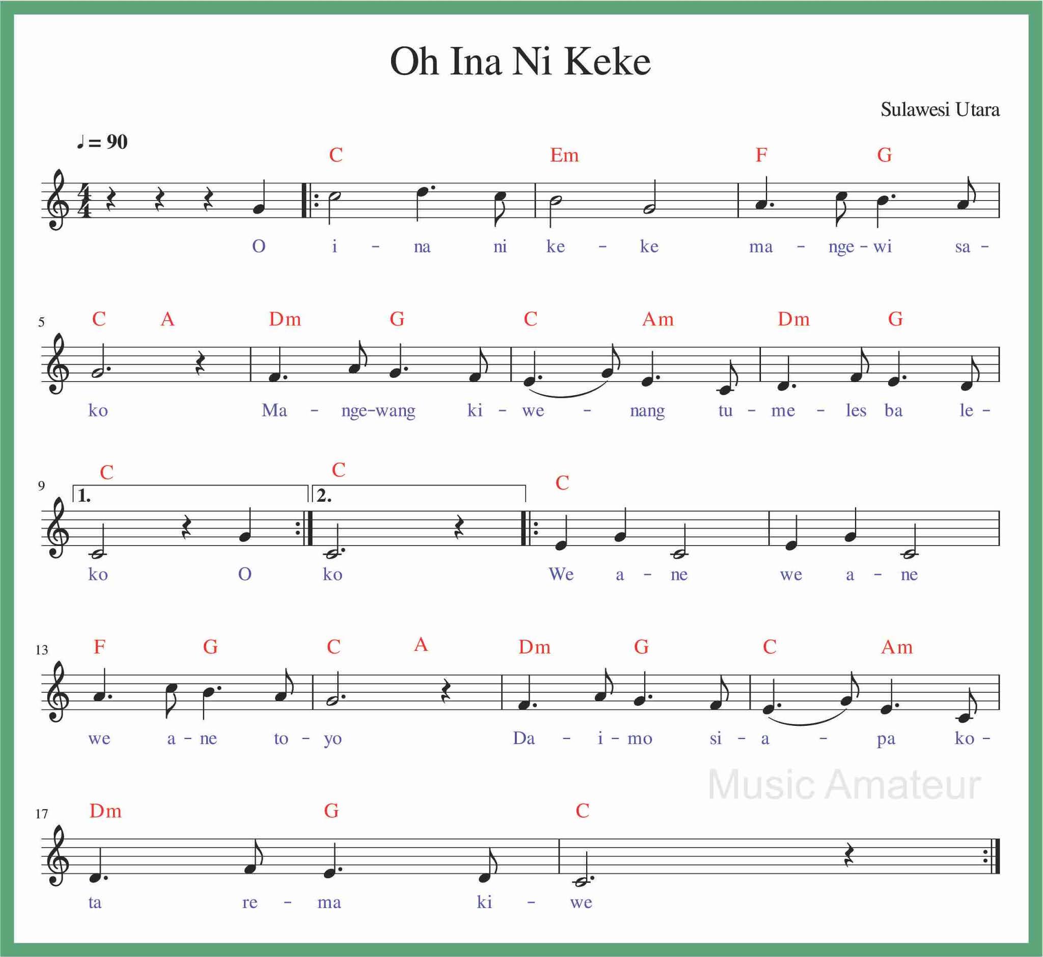 Not Angka Lagu O Ina Ni Keke Do Bes