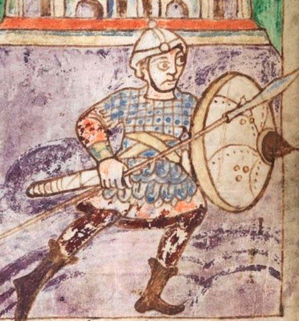 Франкский воин с копьём и щитом. Миниатюра Штутгартской Псалтыри, около 825 года.
