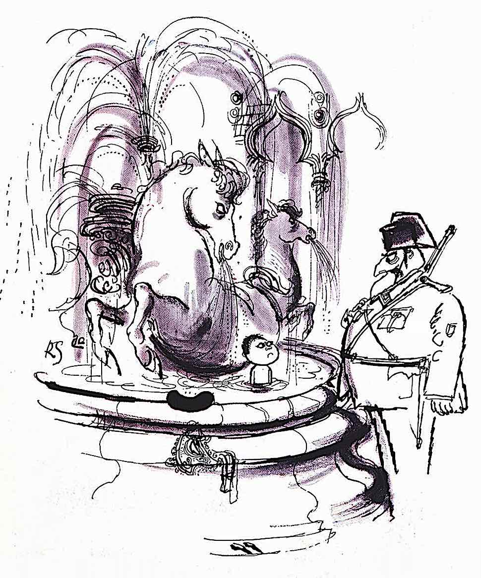 Ronald Searle a Ronald Searle drawing of a boy playing in a fountain and an angry guard