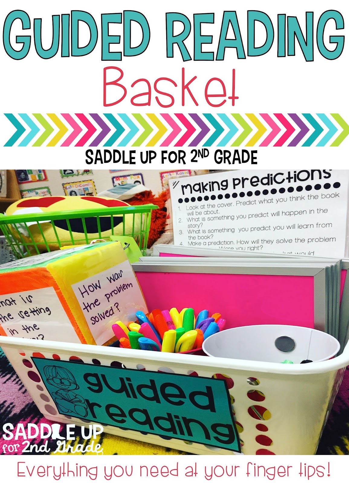This basket contains everything I need for guided reading. It includes comprehension stems, dry erase boards, finger light beams and so much more. Come read all about it and grab a FREE printable label too! 