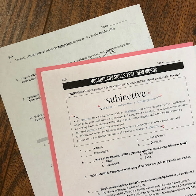 This is a photograph of Word of the Week worksheets for vocabulary instruction.