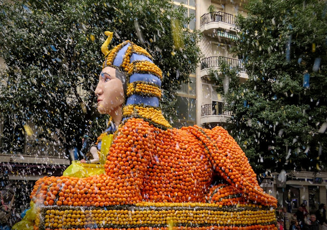 Menton Lemon Festival Parade - the Sphinx showered in confetti