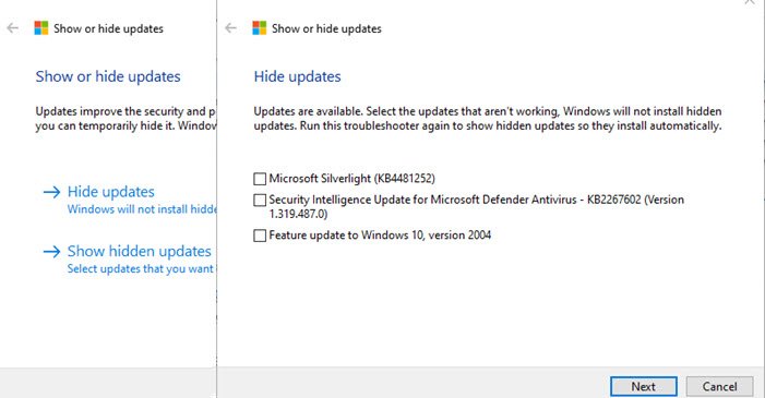 แสดงซ่อนการอัปเดต Windows 10