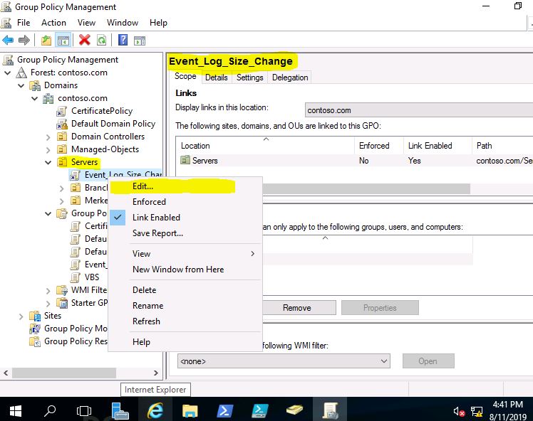 Özgür ŞENERDOĞAN GPO ile Member Serverlarda Default Event Log boyutunu