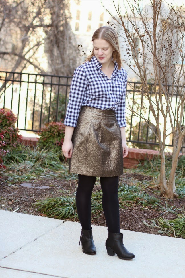 Style to Inspire Weekly Link Up | Something Good, le tote, black tights, black booties, gold skirt, gingham button down