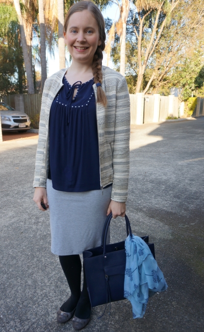 jacquard blazer, navy boho blouse, grey jersey pencil skirt spring business casual outfit | awayfromblue
