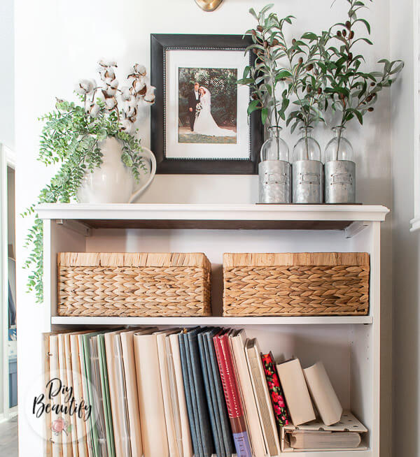 Updating a Tired Bookcase and Albums with Chalk Paint and Fabric DIY