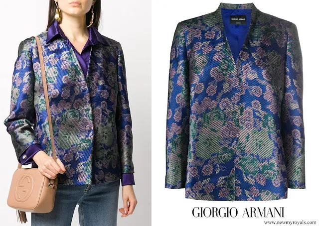 Queen Mathilde wore Giorgio Armani floral print lapelless jacket