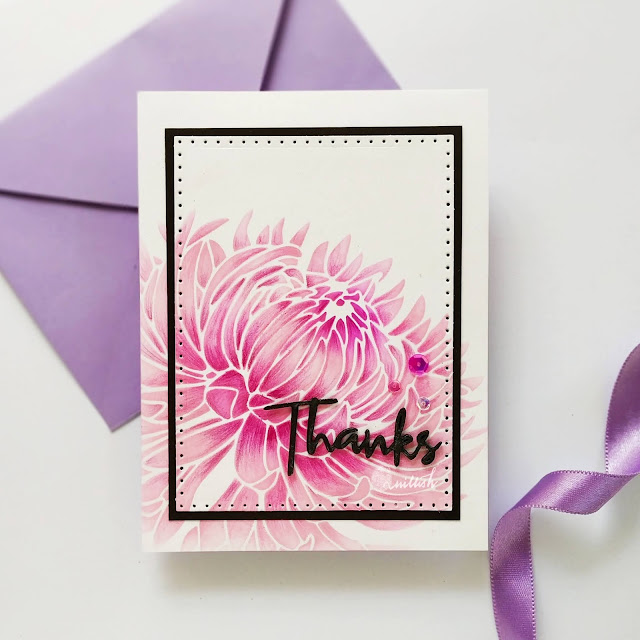Stenciled flower card, Chrysanthemum card, Stenciling and pencil coloring, Big bold floral card, Uniko's Chrysanthemum stencil, Quillish, Guest designer