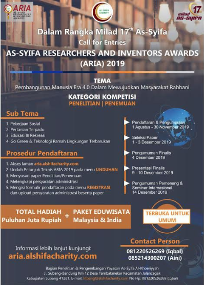 Lomba Penelitian & Penemuan Nasional ARIA 2019 Untuk Umum
Lomba Penelitian & Penemuan Nasional ARIA 2019 Untuk Umum