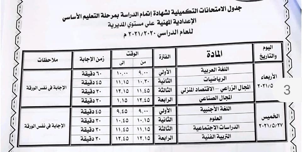 جدول امتحانات الصف الثالث الإعدادي الترم الثاني 2021 محافظة بني سويف 7