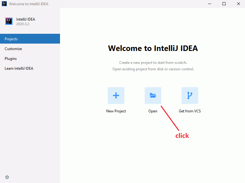 Open the IntelliJ IDEA tool and Click on the Open option