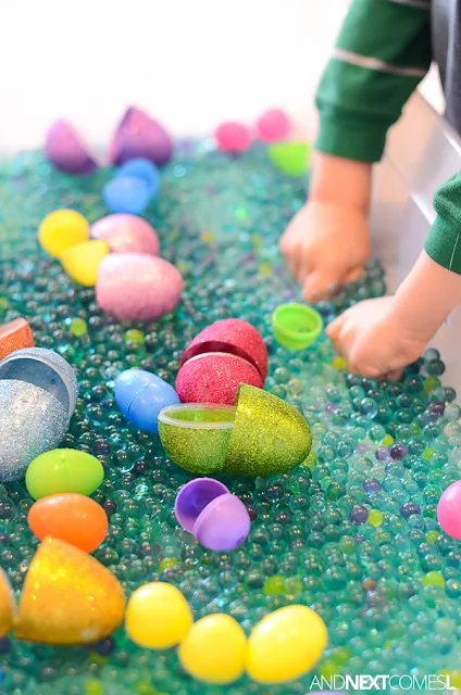 Scented water beads and plastic eggs in an Easter sensory box