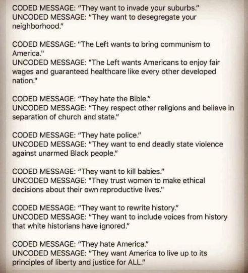 Coded Message:  They want to invade your suburbs. Uncoded Message:  They want to desegregate your neighborhood.  Coded Message:  The Left wants to bring communism to America. Uncoded Message:  The Left wants Americans to enjoy fair wages and guaranteed healthcare like every other developed nation.  Coded Message:  They hate the Bible. Uncoded Message:  They respect other religions and believe in separation of church and state.  Coded Message:  They hate police. Uncoded Message:  They want to end deadly state violence agains unarmed Black people.  Coded Message:  They want to kill babies. Uncoded Message:  They trust women to make ethical decisions about their own reproductive lives.  Coded Message:  They want to rewrite history. Uncoded Message:  They want to include voices from history that white historians have ignored.  Coded Message:  They hate America. Uncoded Message:  They want America to live up to its principles of liberty and justice for all. 