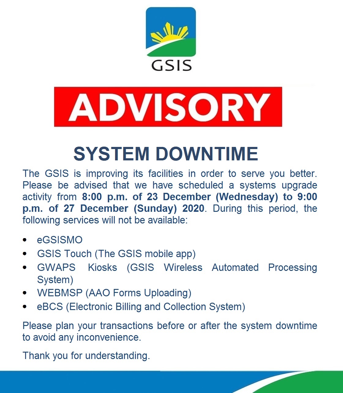 GSIS Advisory Schedule of System Downtime in December 2020 Teachers