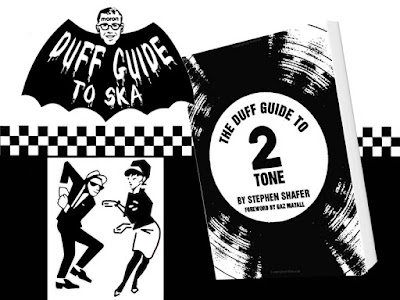 This composite image features the cover of "The Duff Guide to 2 Tone" (which features the title on the paper label of a record), the Duff Guide logo (a take on the Batman bat logo), and Walt Jabsco and The Beat girl.