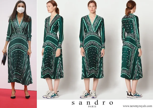 Queen Letizia wore a scarf print wrap long sleeve midi dress from Sandro