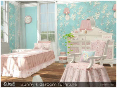 Sunny kidsroom furniture Солнечная мебель для детской для The Sims 4 Набор мебели для детской комнаты в романтическом стиле. В набор входят 11 предметов: - шкаф - шкаф - полка - комод - зеркало для комода - кресло - диван 2-местный - односпальная кровать - ящик для игрушек - торшер - настенный светильник Автор: Severinka_
