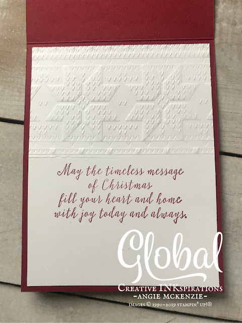 By Angie McKenzie for Global Creative Inkspirations; Click READ or VISIT to go to my blog for details! Featuring the Perfectly Plaid Bundle (available at 10% off) along with the Winter Knit 3D Embossing Folder; #perfectlyplaidbundle #stillscenesstampset #detaileddeerdies #christmascards #cardtechniques #winterknitembossingfolder #stampinup #handmadecards #stampinblends