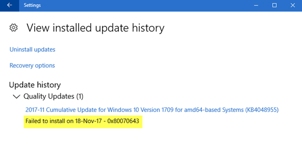 Windows 업데이트가 0x80070643을 설치하지 못했습니다.