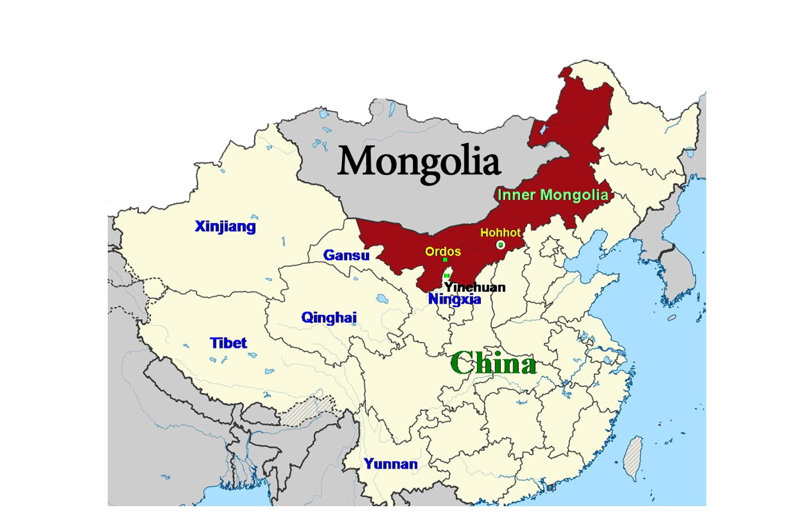 Западный край китай. Внутренняя Монголия на карте. Внутренняя Монголия в Китае на карте. Монголия и Китай на карте. Внешняя Монголия и внутренняя Монголия.