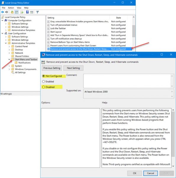 ลบและป้องกันการเข้าถึงคำสั่ง Shut Down, Restart, Sleep และ Hibernate