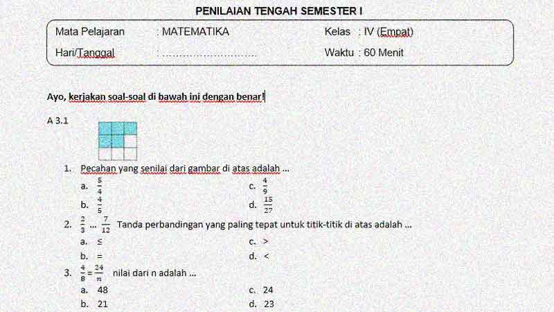 Soal pecahan senilai kelas 4 dan kunci jawaban